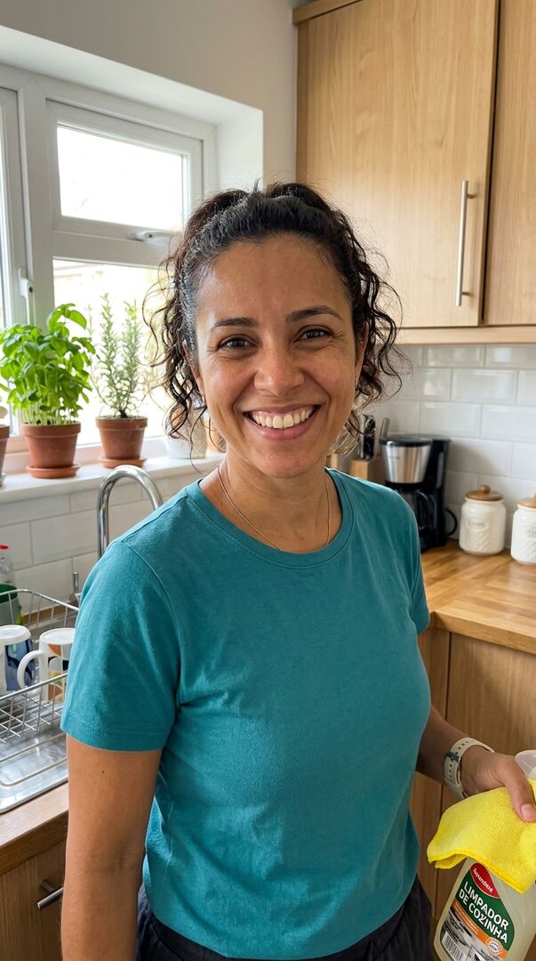 Luciana, da GoUp English, em uma cozinha